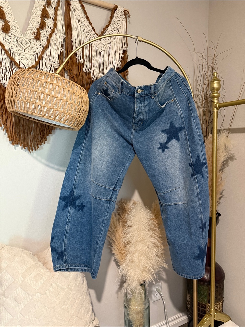 Women's Blue Star-Print Barrel Jeans